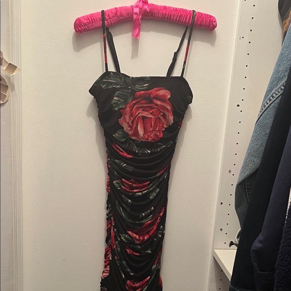 Ruched black floral dress